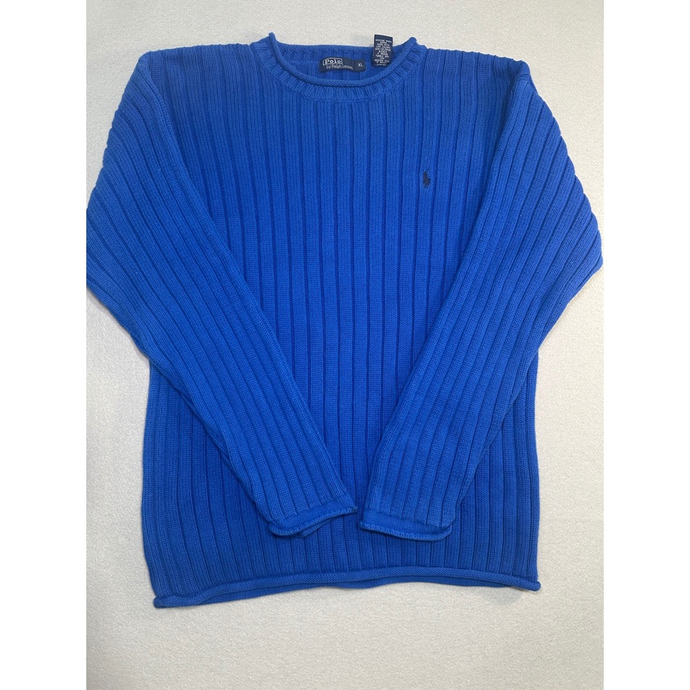 Vintage Polo Ralph Lauren Rolled Neck Sweater Mens XL Blue Ribbed Knit Crewneck